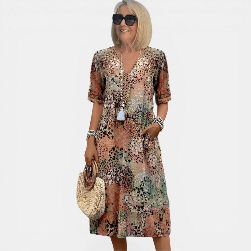Relaxed floral V-neck midi dress in red, full length view