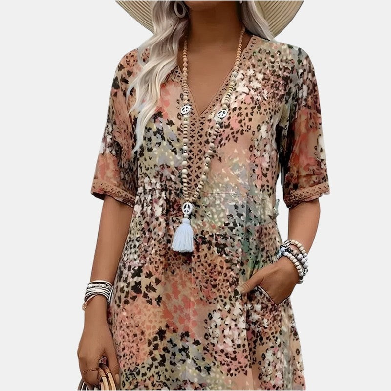 Floral V-neck midi dress in blue, side view