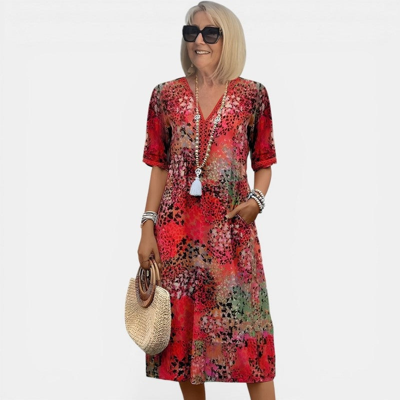 Relaxed floral midi dress in red, back view