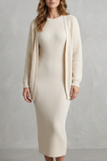 Cream ribbed knit dress and open front cardigan jumper, front view