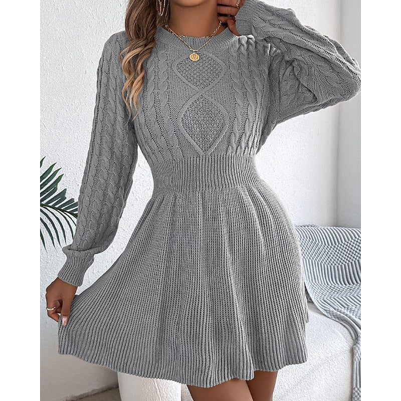 Grey Cable Knit Crew Neck Mini Dress