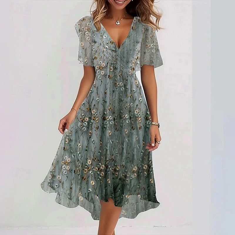 Woman's Cocktail Floral Vacation Holiday Midi Dress