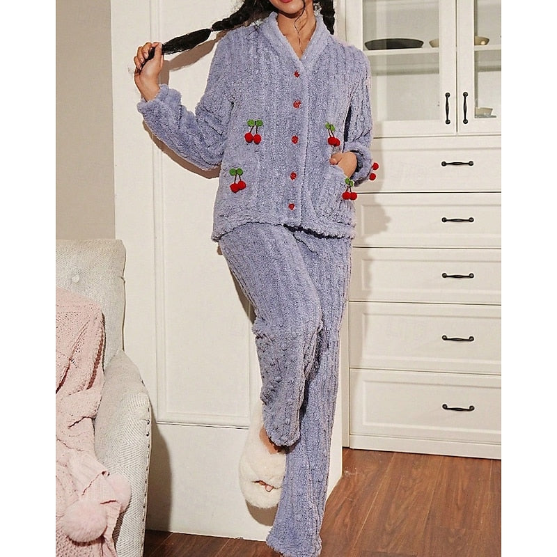 Purple fluffy cherry-detail Loungewear Set