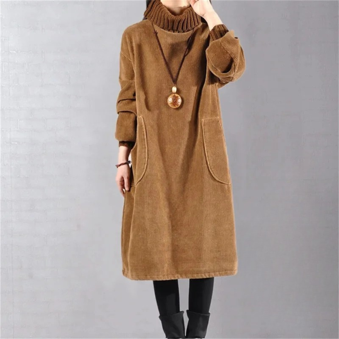 Blue roll neck corduroy midi jumper dress, front view
