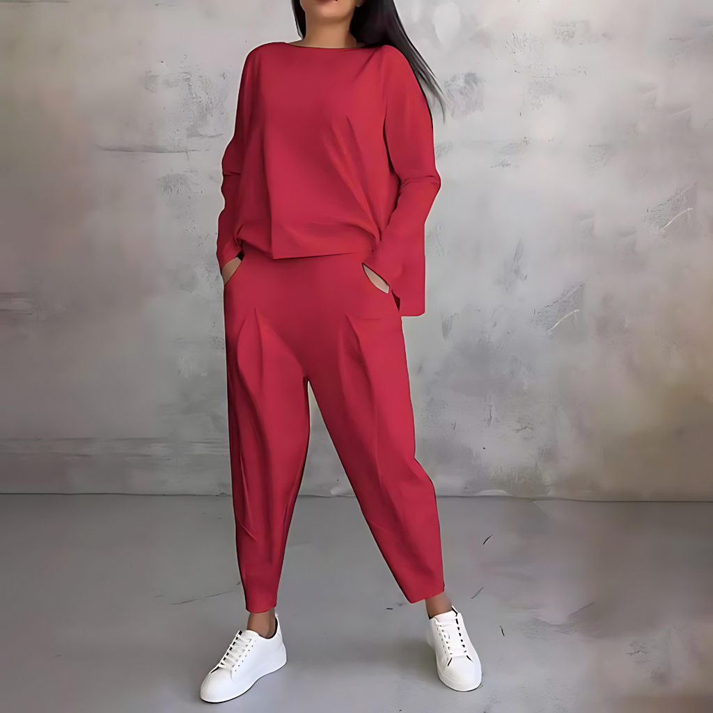 Women's co-ord set with flowy long-sleeve top and tapered trousers