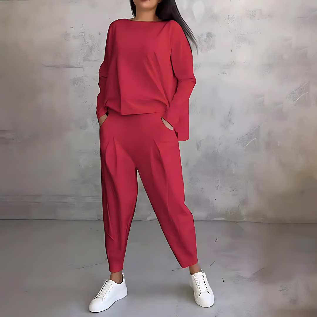Women's co-ord set with flowy long-sleeve top and tapered trousers