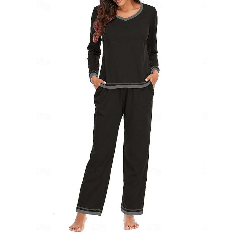 Black relaxed V-neck Loungewear Set
