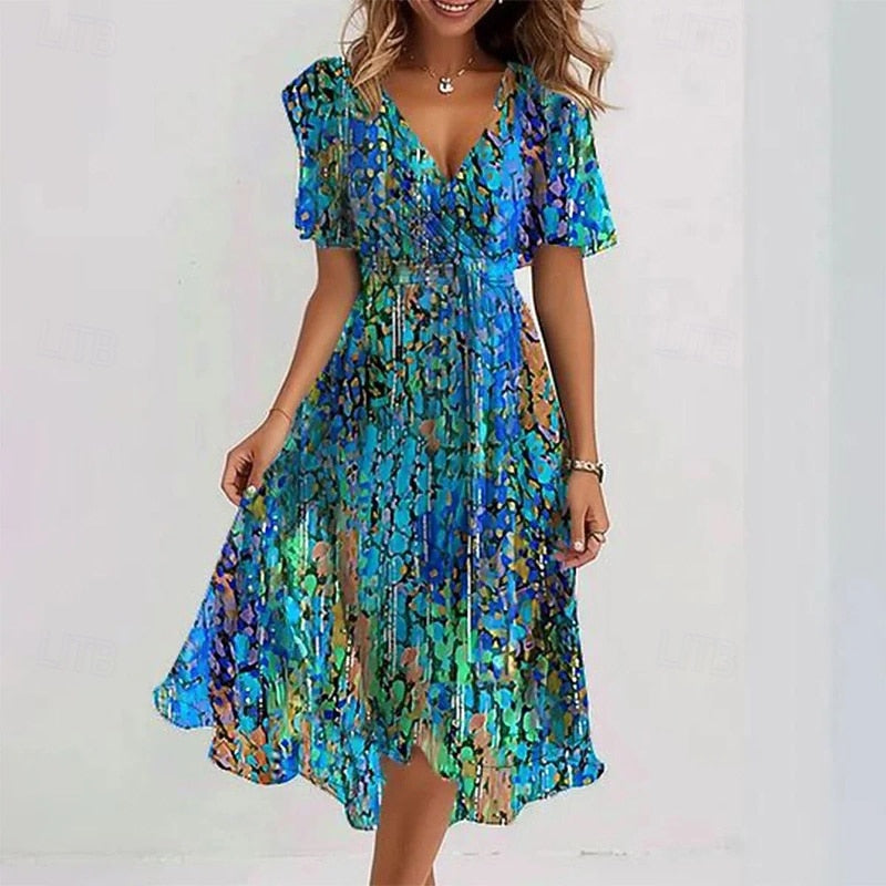 Woman's Cocktail Floral Vacation Holiday Midi Dress