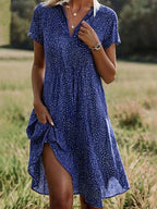 Women's Polka Dot Collared V-Neck A-Line Casual Dress full length - Playful Summer Casual Dress