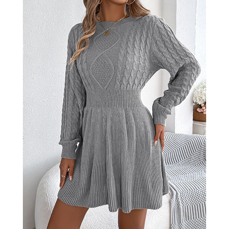 Grey Cable Knit Crew Neck Mini Dress