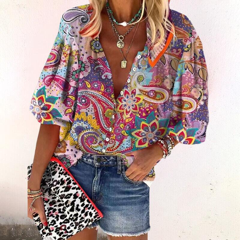 Floral V-neck blouse back view full length