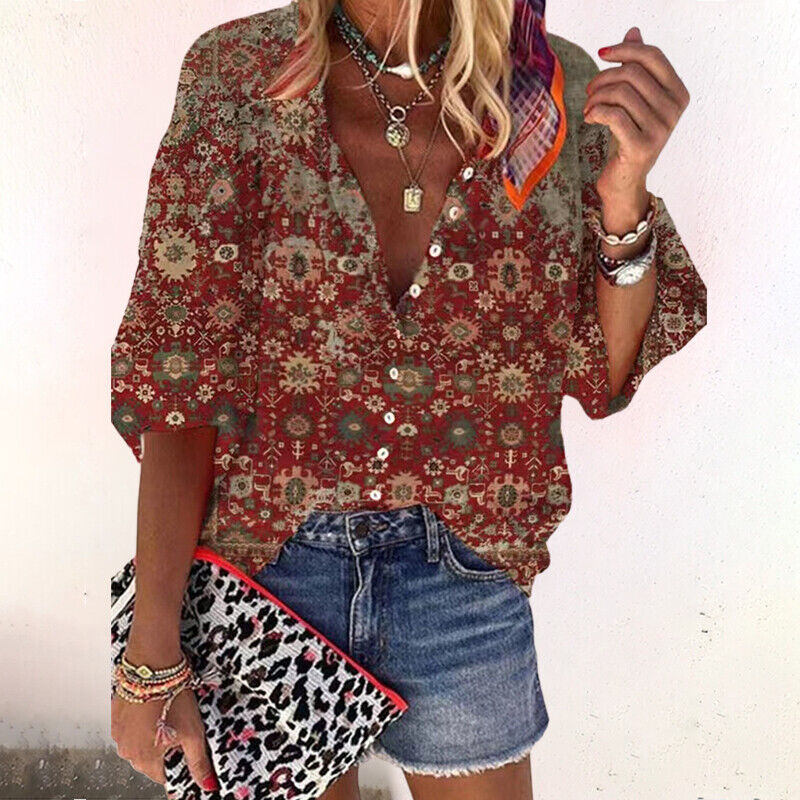 V-neckline and button detail close-up floral blouse