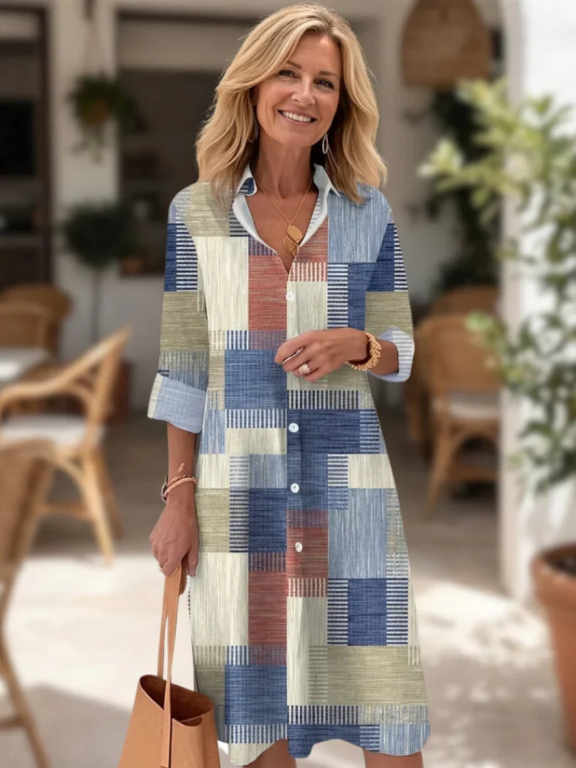 Patchwork button front shirt dress in multicolor, front view