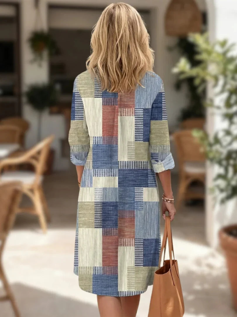 Patchwork button front shirt dress in multicolor, back view