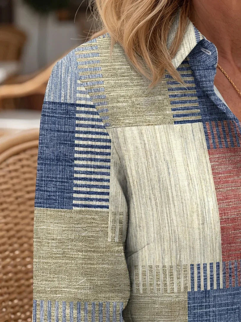 Patchwork button front shirt dress, patchwork pattern detail