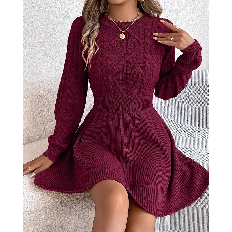 Grey Cable Knit Crew Neck Mini Dress