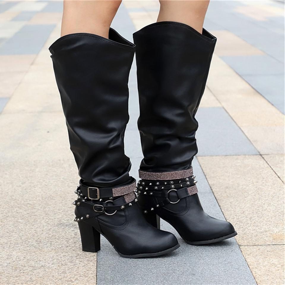 Slouchy studded block heel knee high boots with a slouchy gathered leg