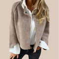 Beige single breasted longline wool coat, front view