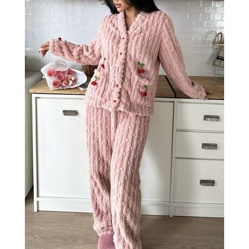 Pink fluffy cherry-detail Loungewear Set, front view