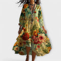 V-neck floral boho midi dress in yellow with tiered hem and 3/4 sleeves | Alba Muse