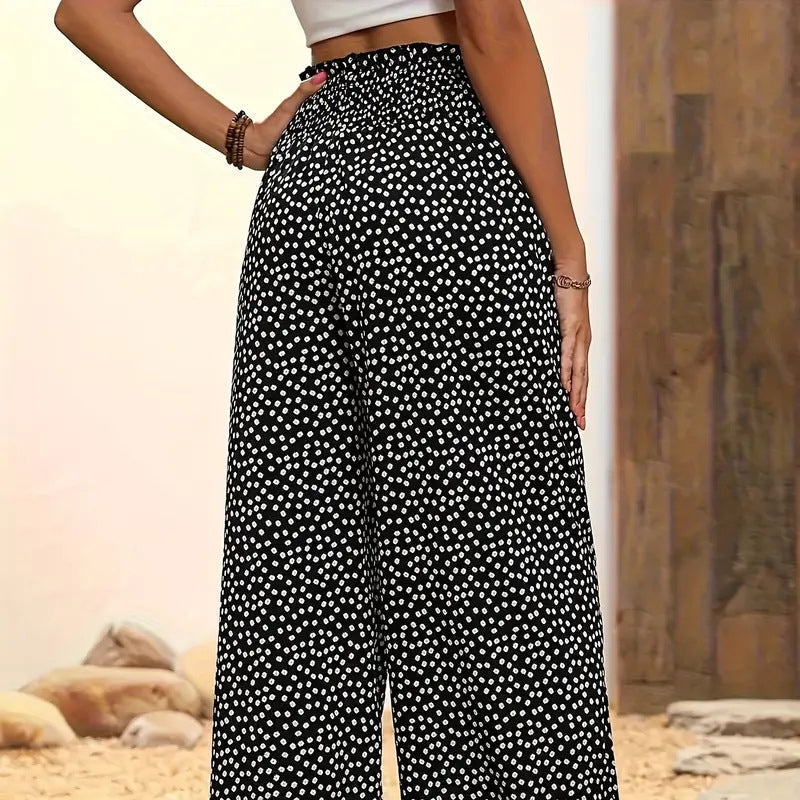Smocked High Waist Wide Leg Trousers