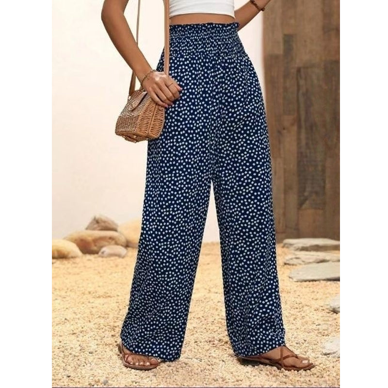 Smocked High Waist Wide Leg Trousers