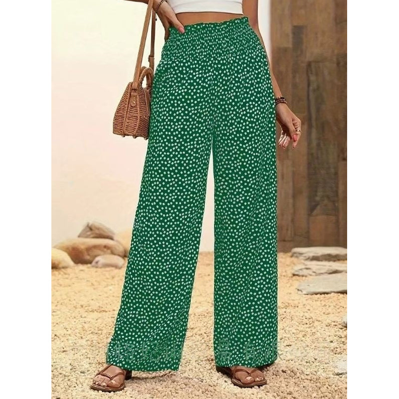 Smocked High Waist Wide Leg Trousers
