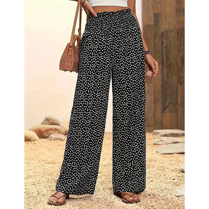 Smocked High Waist Wide Leg Trousers