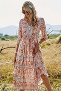 Women's Floral V-Neck Boho Spring Maxi Dress front view - Elegant Wedding Guest Maxi Dress