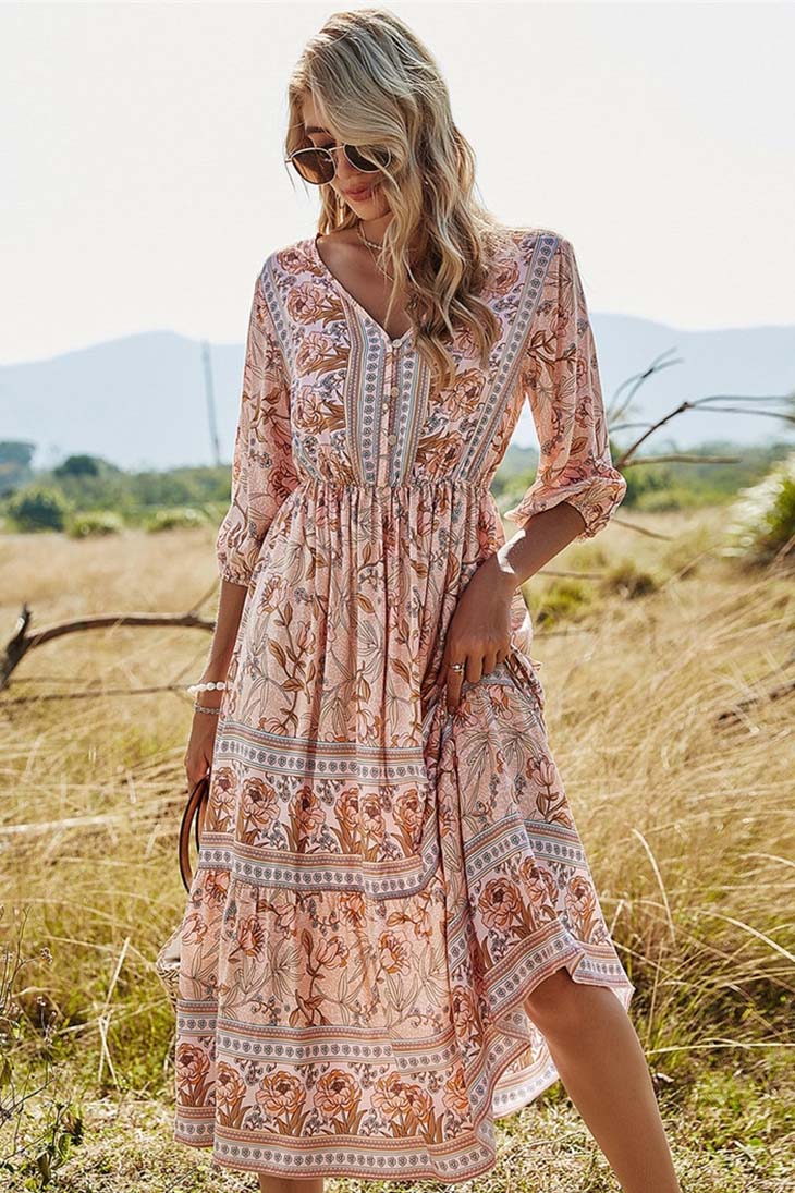 Women's Floral V-Neck Boho Spring Maxi Dress front view - Elegant Wedding Guest Maxi Dress