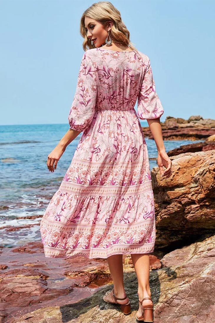Women's Floral V-Neck Boho Spring Maxi Dress back view - Elegant Wedding Guest Maxi Dress
