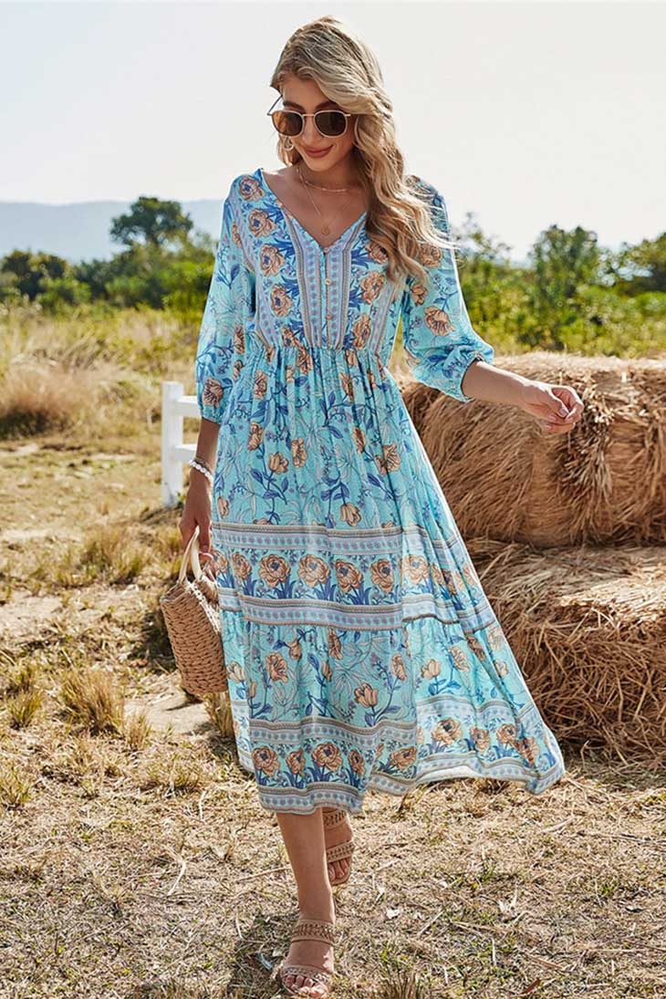 Women's Floral V-Neck Boho Spring Maxi Dress in blue - Elegant Wedding Guest Maxi Dress