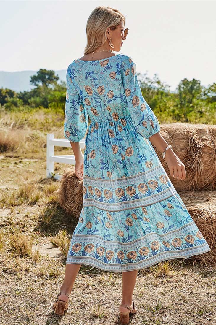 Women's Floral V-Neck Boho Spring Maxi Dress side view - Elegant Wedding Guest Maxi Dress