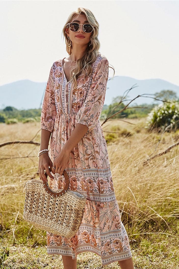 Women's Floral V-Neck Boho Spring Maxi Dress in pink - Elegant Wedding Guest Maxi Dress
