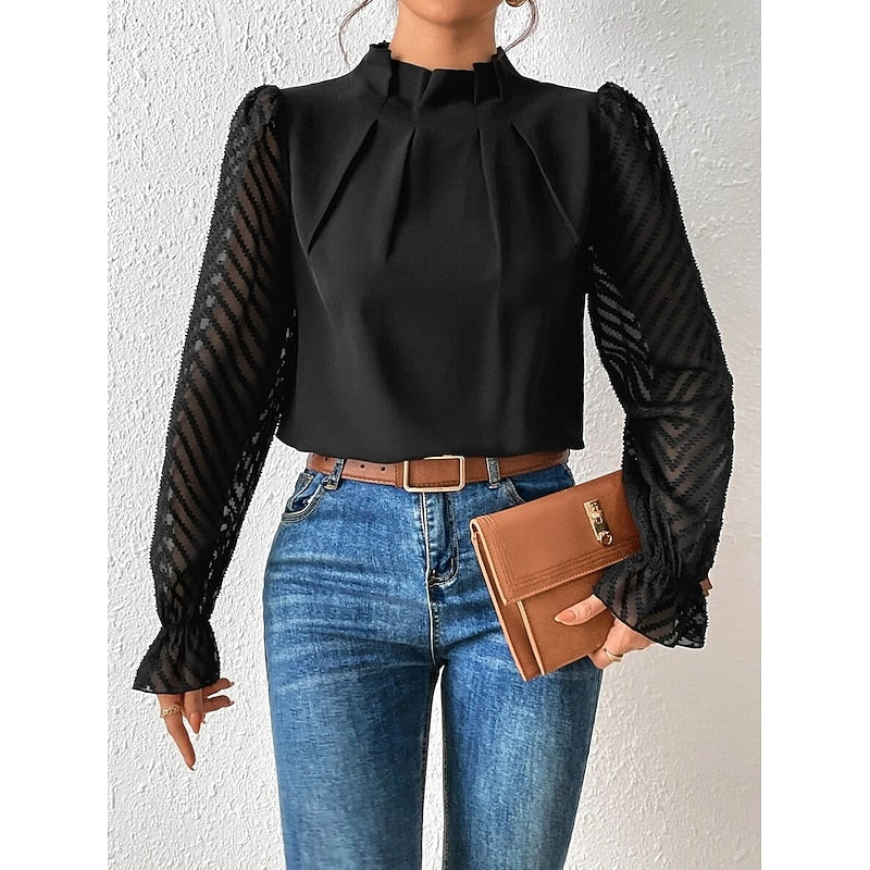 High-Neck Long Sleeve Blouse with Pleated Detail