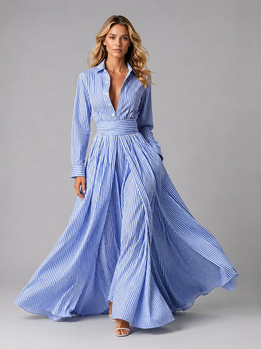 Blue and white striped maxi shirt dress with cinched waist, front view