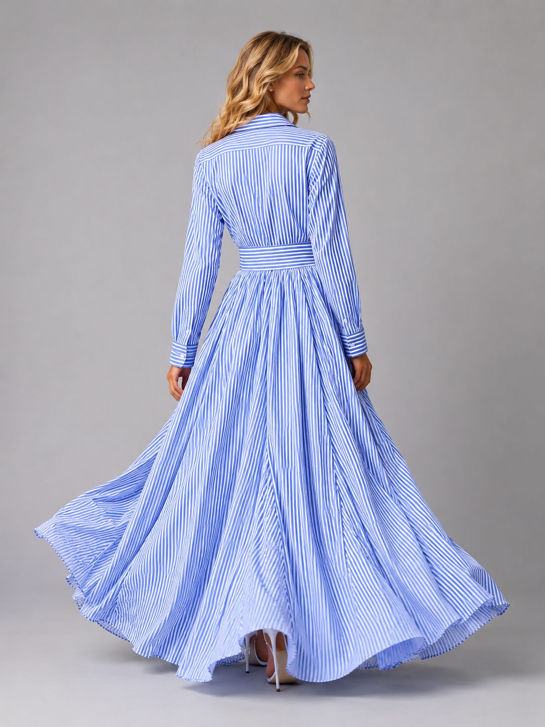 Blue and white striped maxi shirt dress, back view