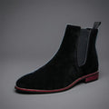 Black suede pull-on ankle Chelsea boots, front view