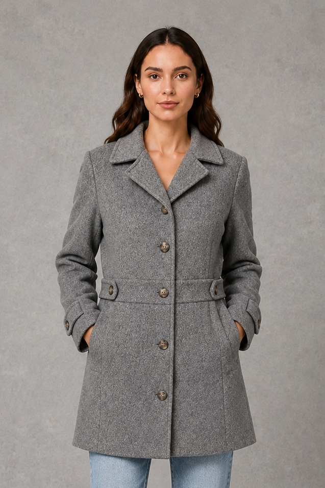 Grey tailored longline collared button front coat, front view
