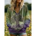 Green nature-inspired zip-up hoodie, front view