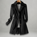 Black statement collar button front trench coat, front view