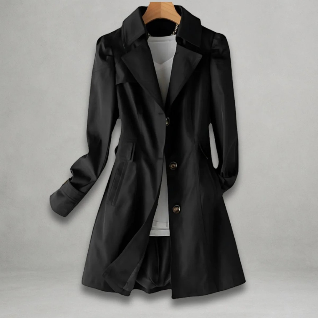 Black statement collar button front trench coat, front view