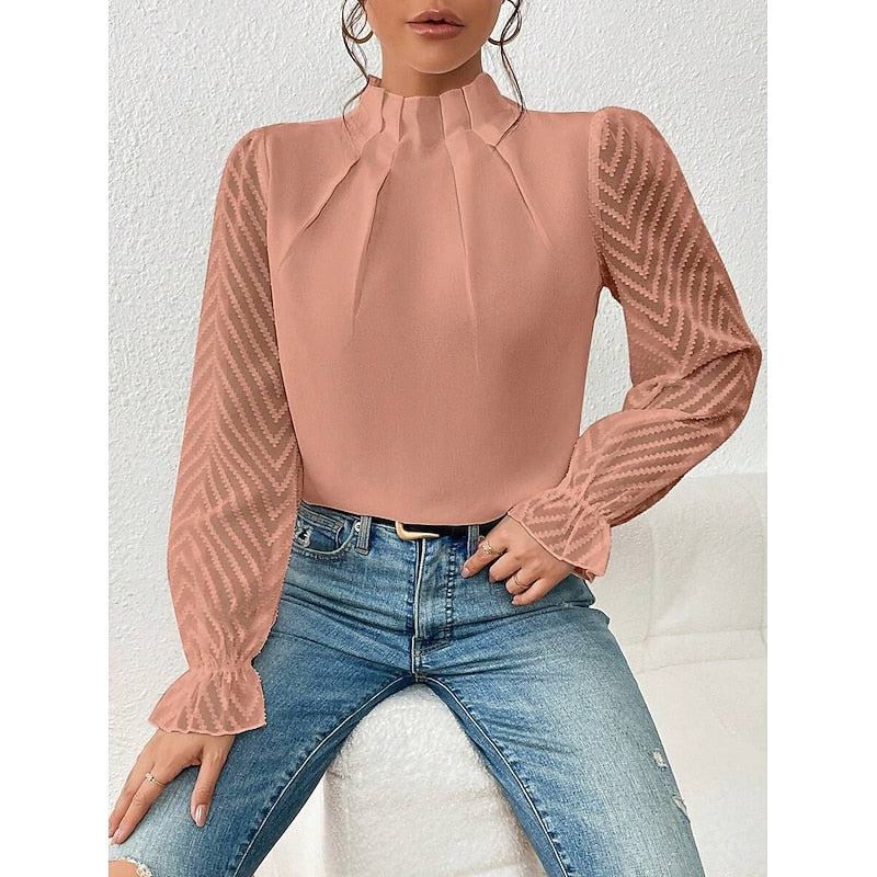 High-Neck Long Sleeve Blouse with Pleated Detail