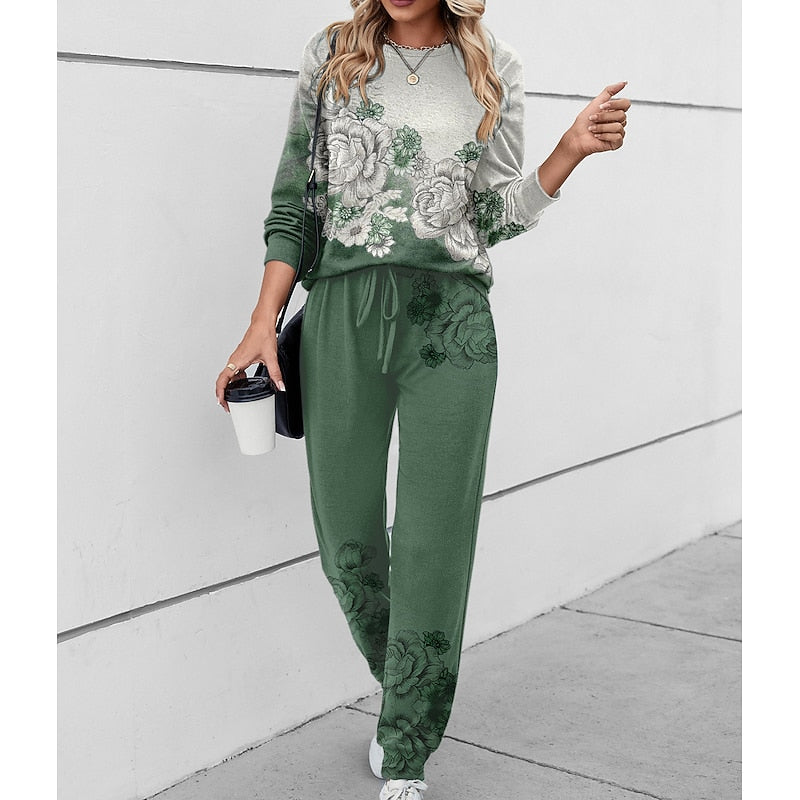 Green floral print round-neck Loungewear Set