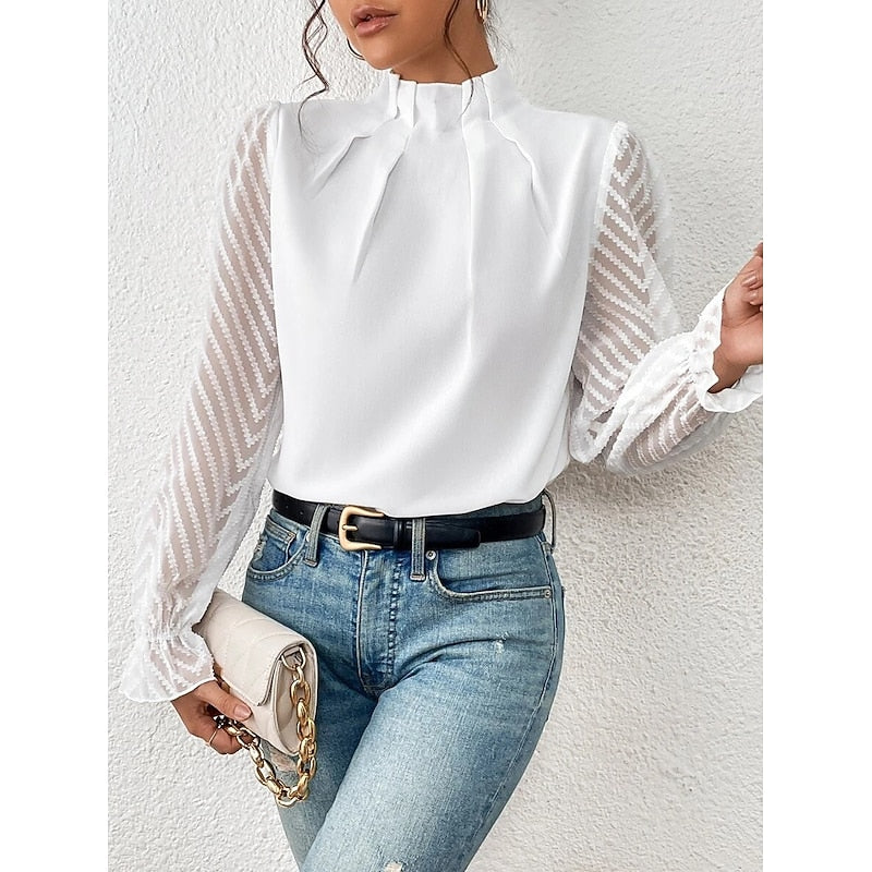 High-Neck Long Sleeve Blouse with Pleated Detail