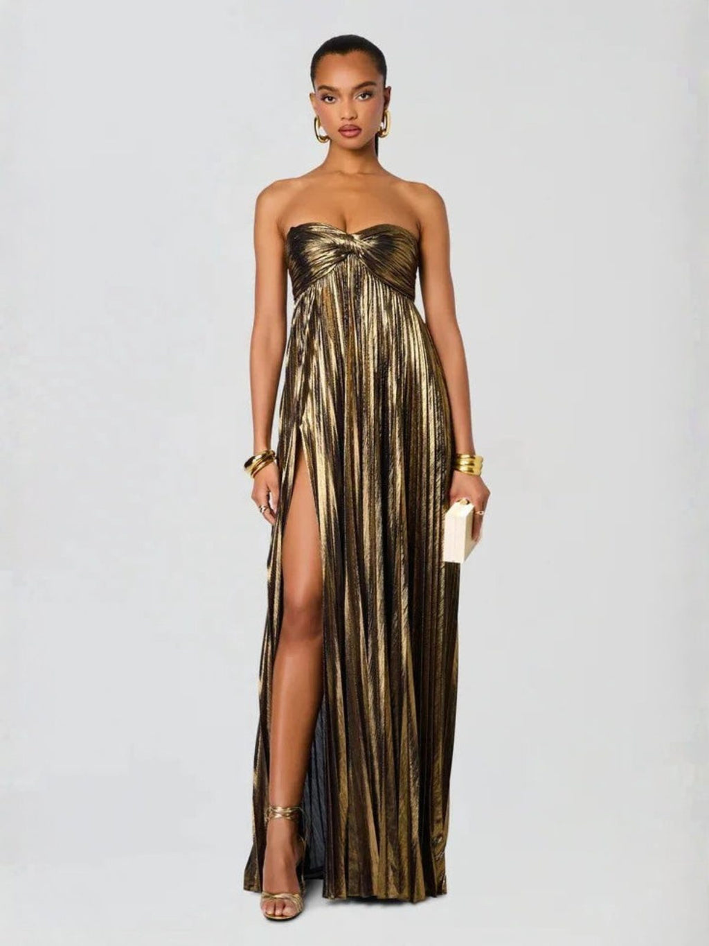 Champagne strapless twisted bodice dress