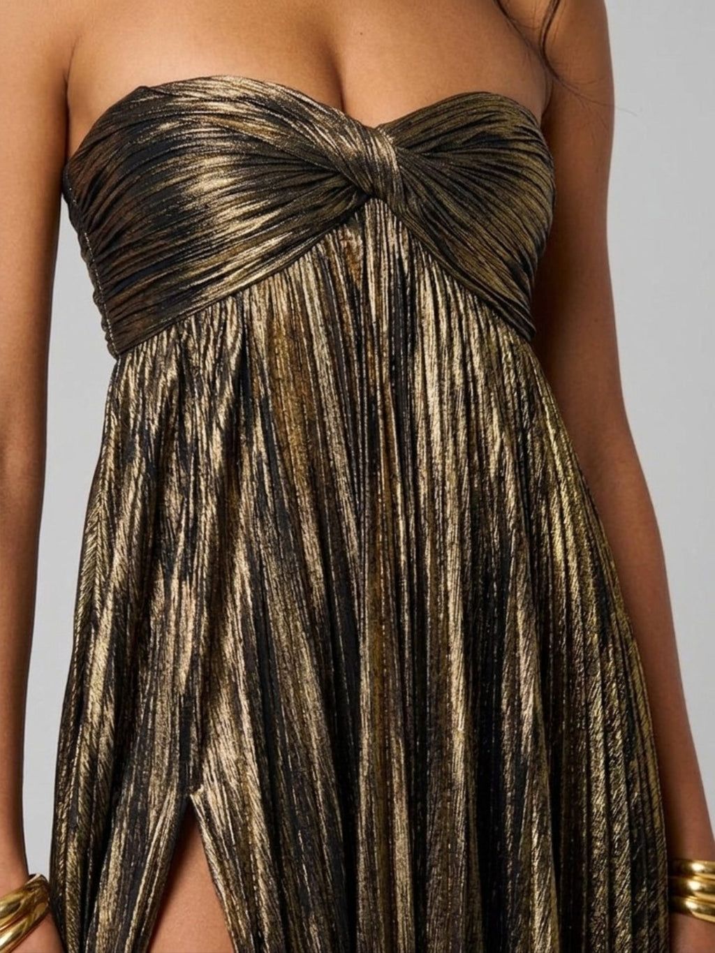 Champagne strapless twisted bodice dress
