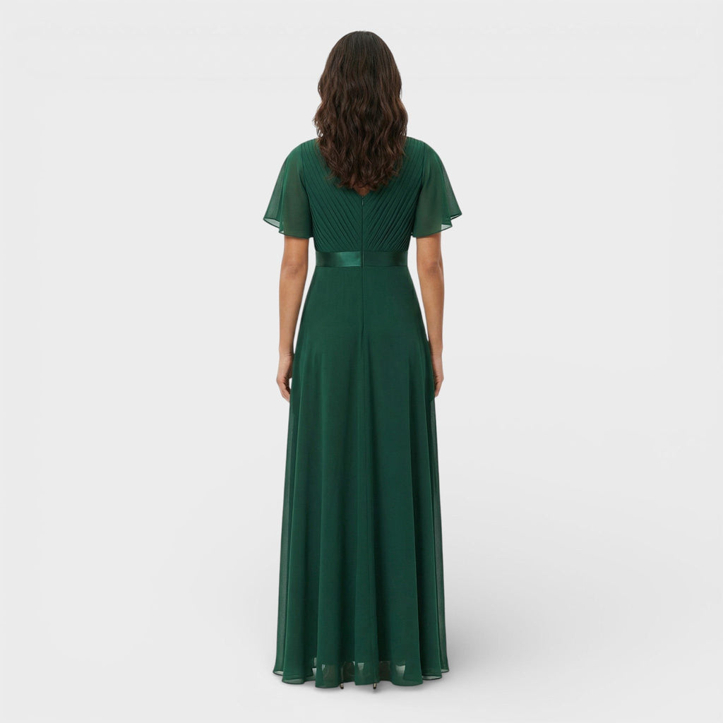 Green pleated v-neck dress