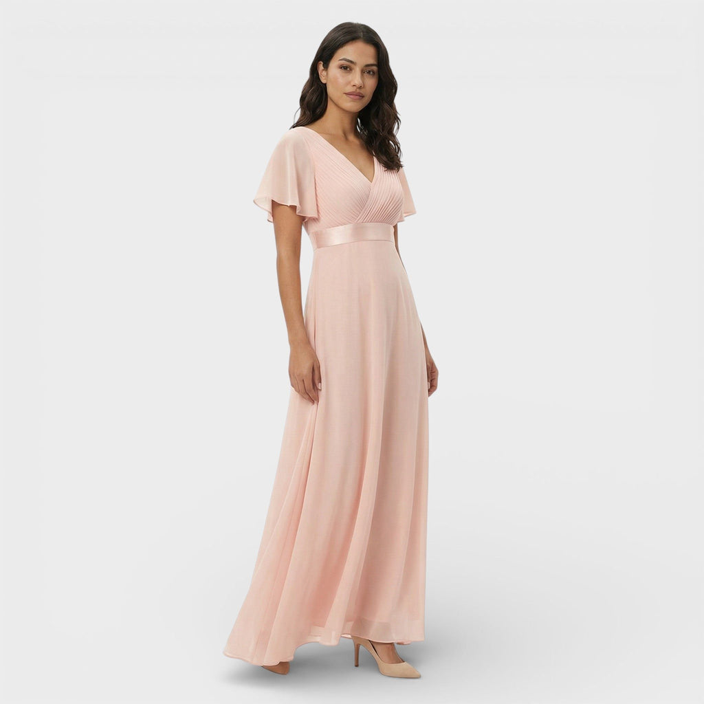 Green pleated v-neck dress