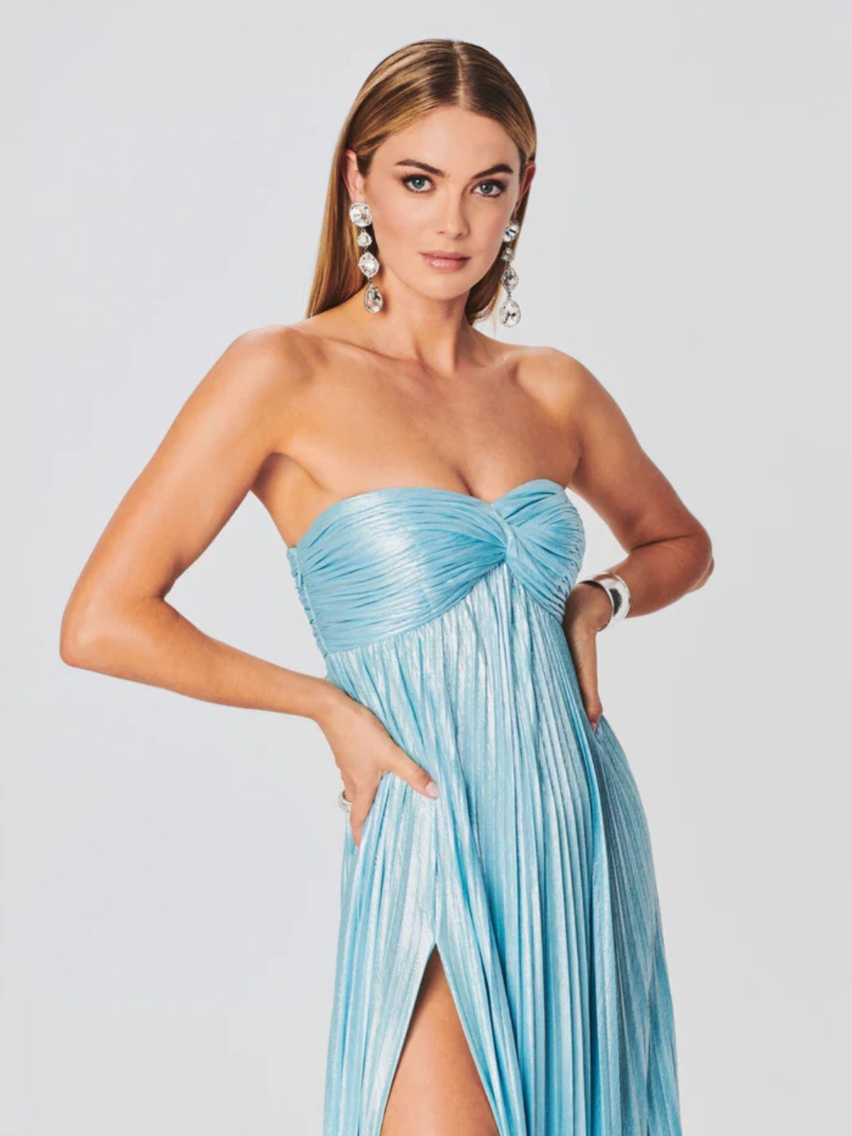 Strapless Twisted Bodice Wedding Guest Dress – Leg-Split Maxi Gown